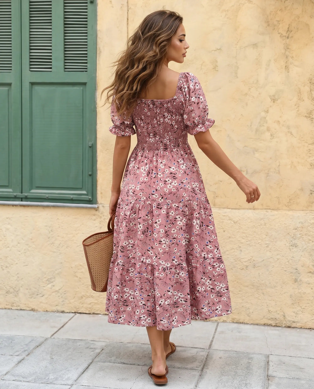 SOLACE  Floral Print Square Neck Puff Sleeve Tiered Midi Dress 