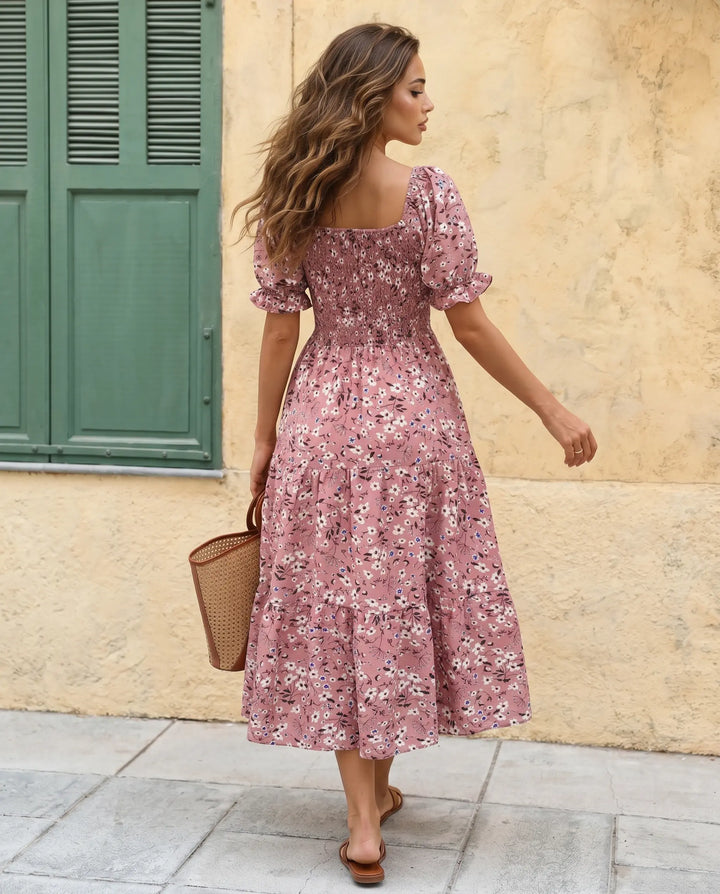 SOLACE  Floral Print Square Neck Puff Sleeve Tiered Midi Dress 