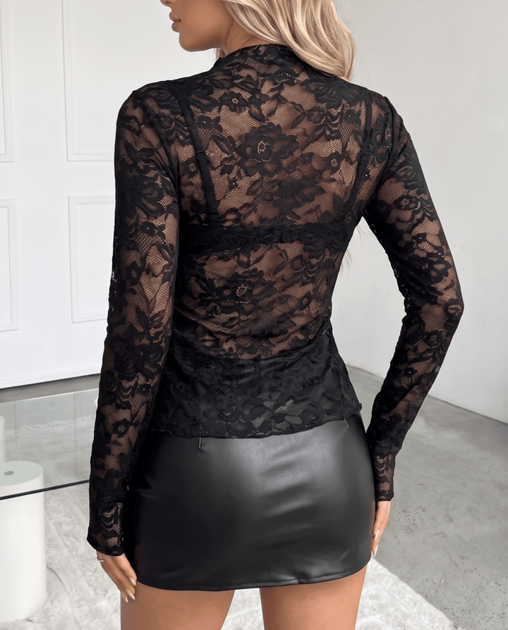 Sheer Lace Floral See Mock Neck Long Sleeve T-Shirt