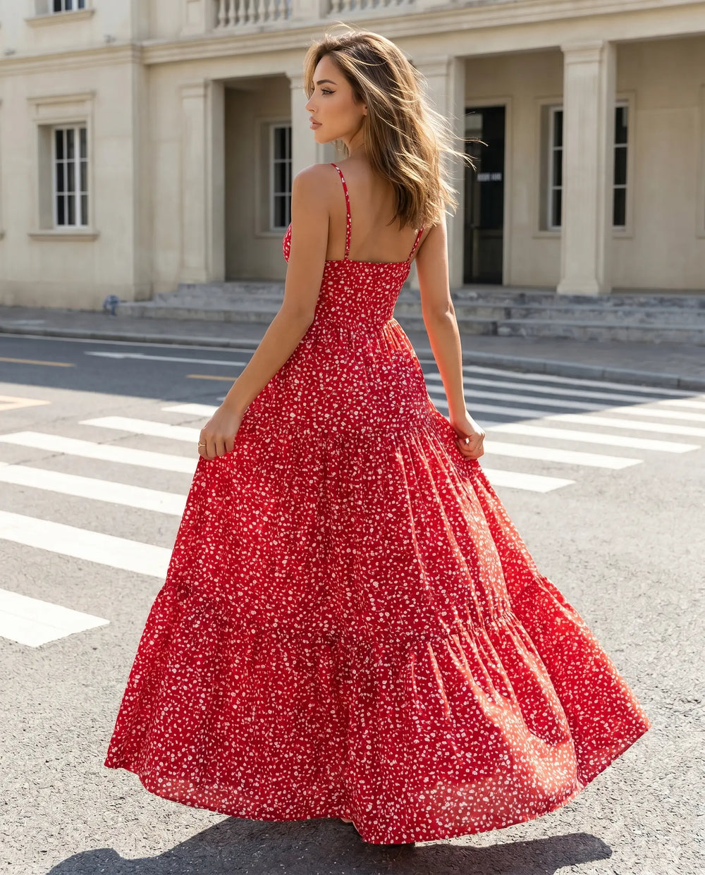 SOLACE  Red Floral Print Spaghetti Strap Maxi Dress 