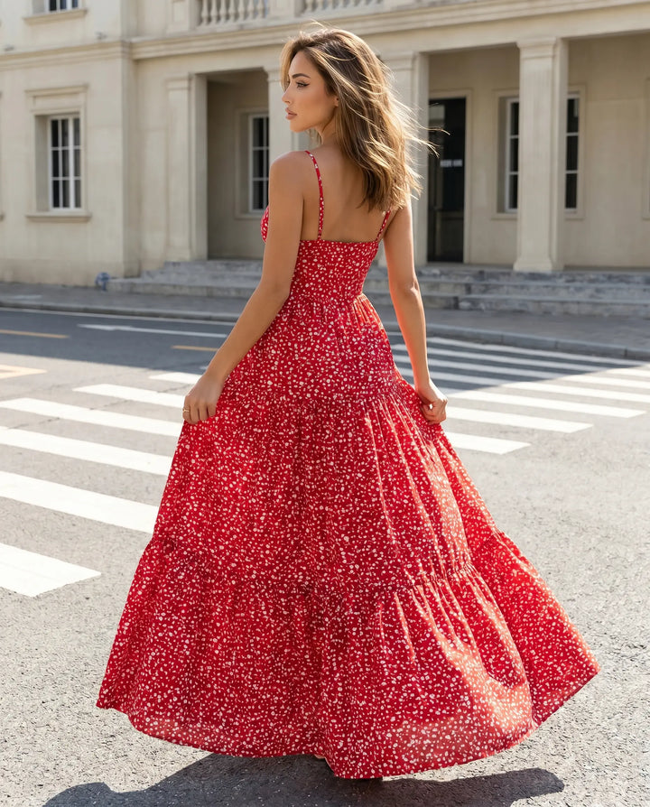 SOLACE  Red Floral Print Spaghetti Strap Maxi Dress 