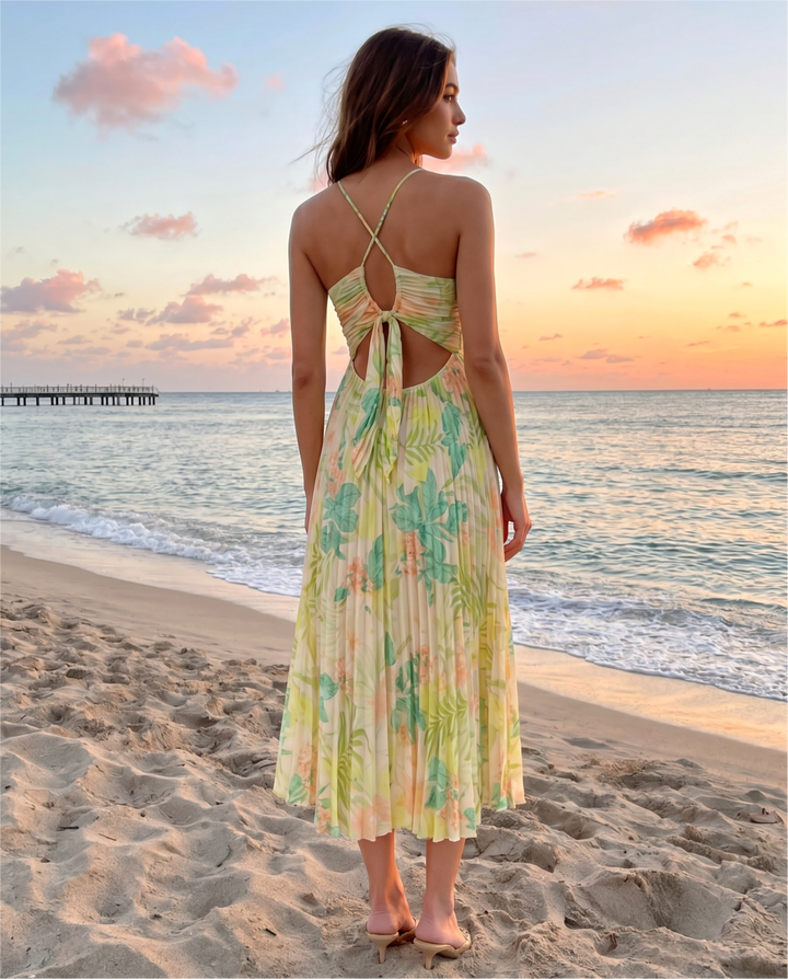 Green Tropical Floral Ruched V Neck Pleated Midi Dress