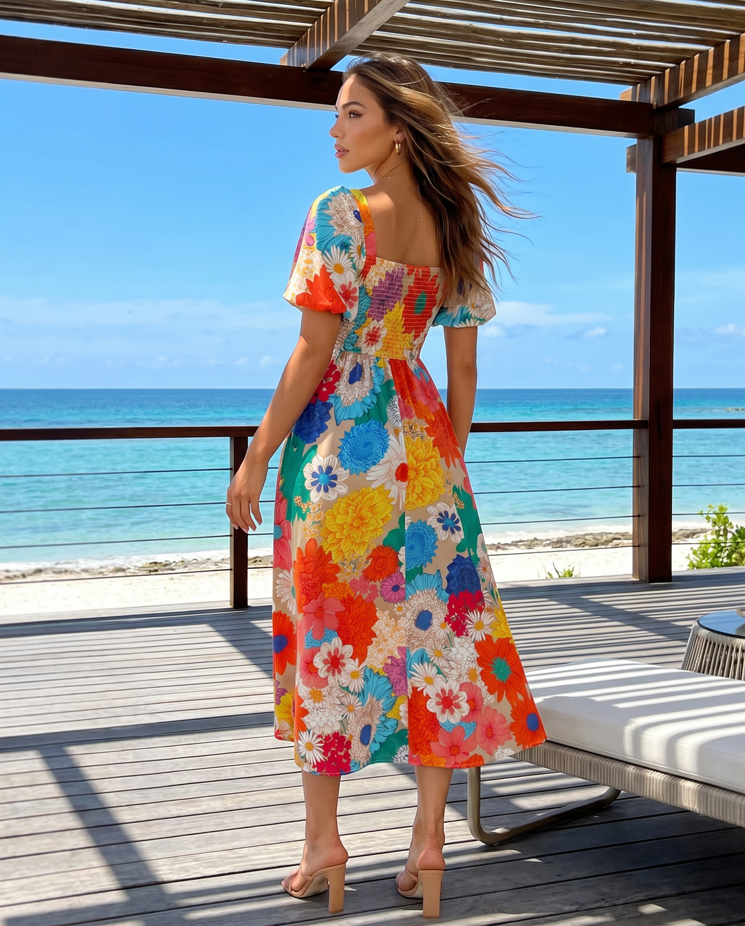 Multicolor Floral Print Deep V Neck Flutter Sleeve Midi Dress