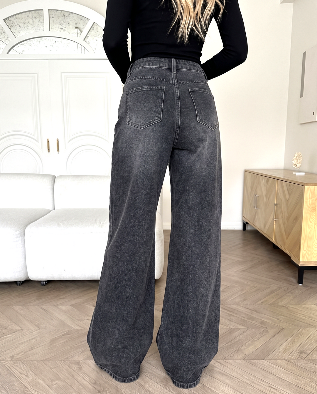 Black Washed Distressed Wide Leg Denim Jeans