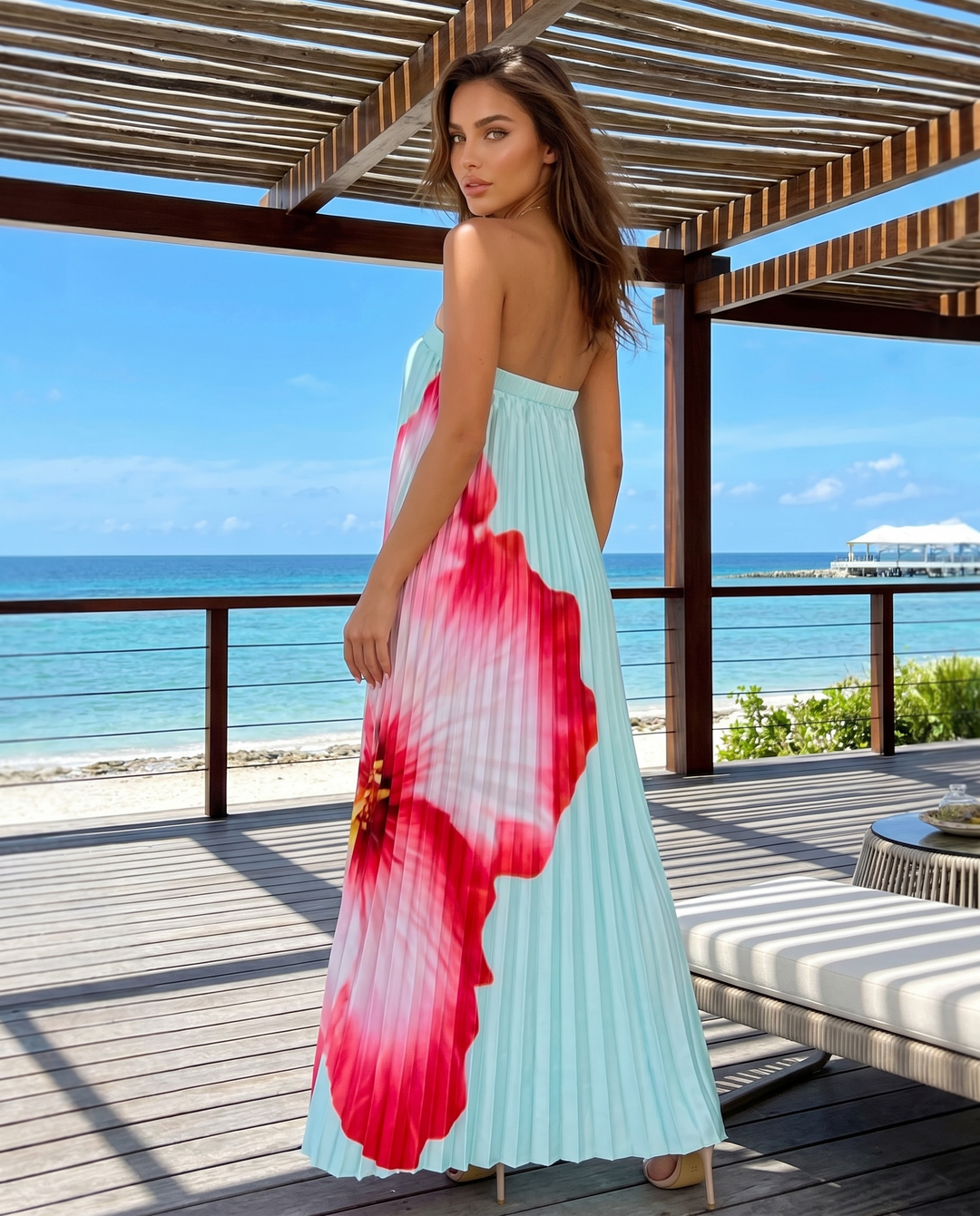 Blue Big Floral Print Strapless Pleated Maxi Dress