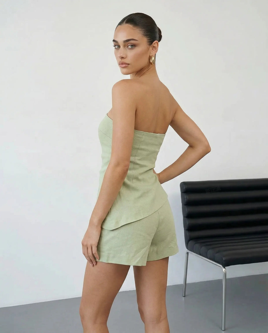 SOLACE  Green Linen Strapless Top and Shorts Two-Piece Set 
