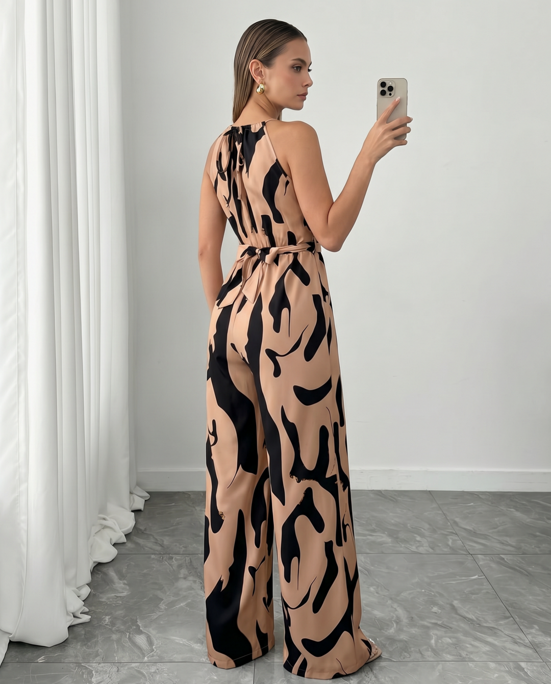 SOLACE  Halter Neck Abstract Print Wide Leg Jumpsuit 