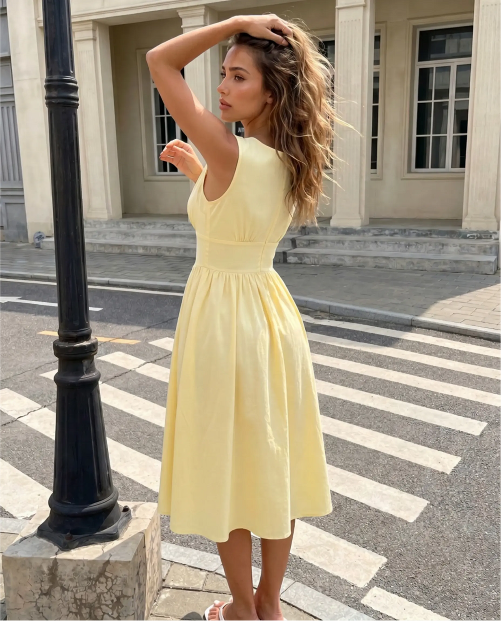 SOLACE  Pastel Yellow Lace Trim V-Neck Fitted Waist Flared Midi Dress 