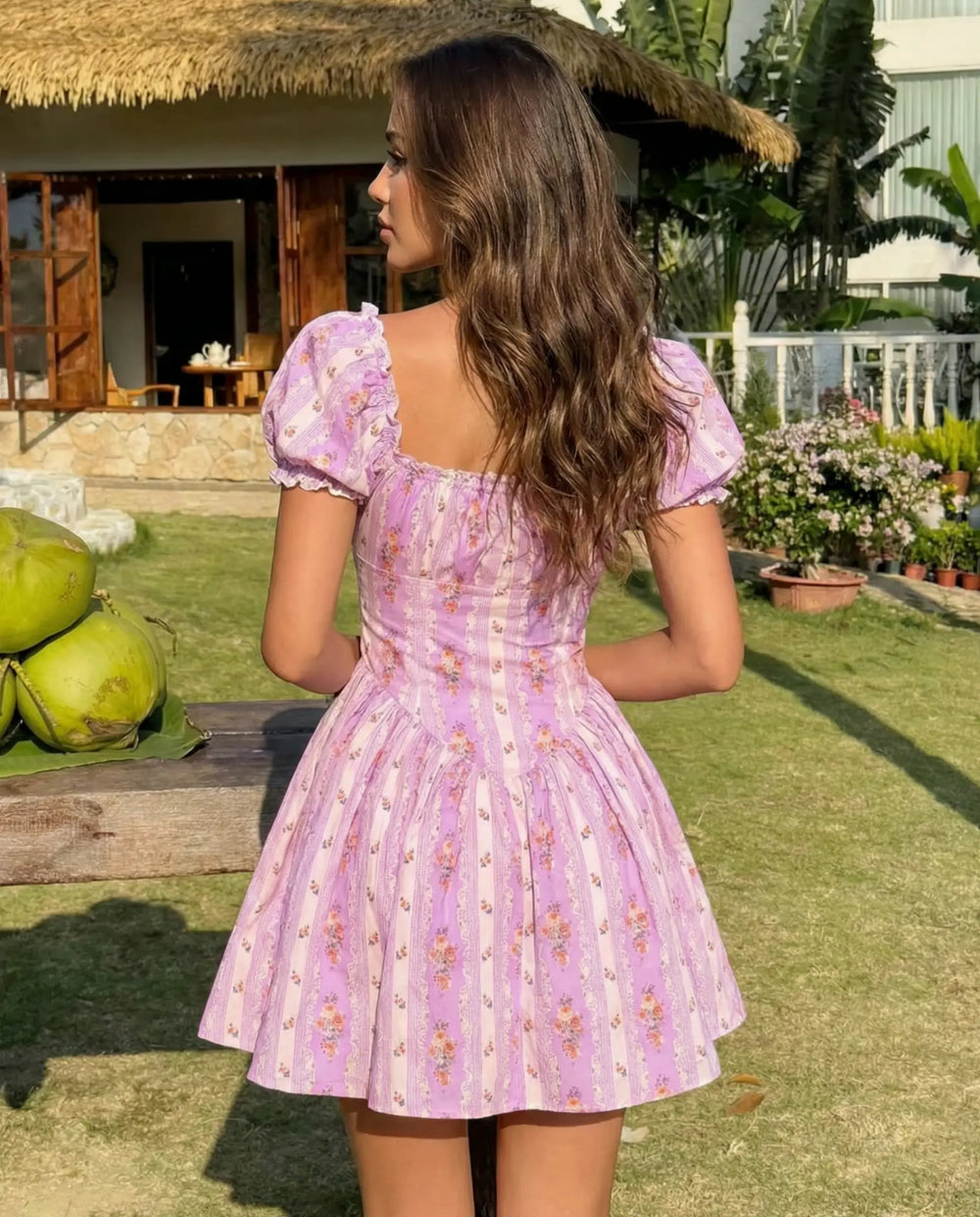 SOLACE  Pink Floral Ruched Puff Sleeve Slim Fit Mini Dress 