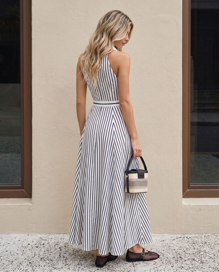 Black White Mixed Stripe Collared Sleeveless High Waist Maxi Dress