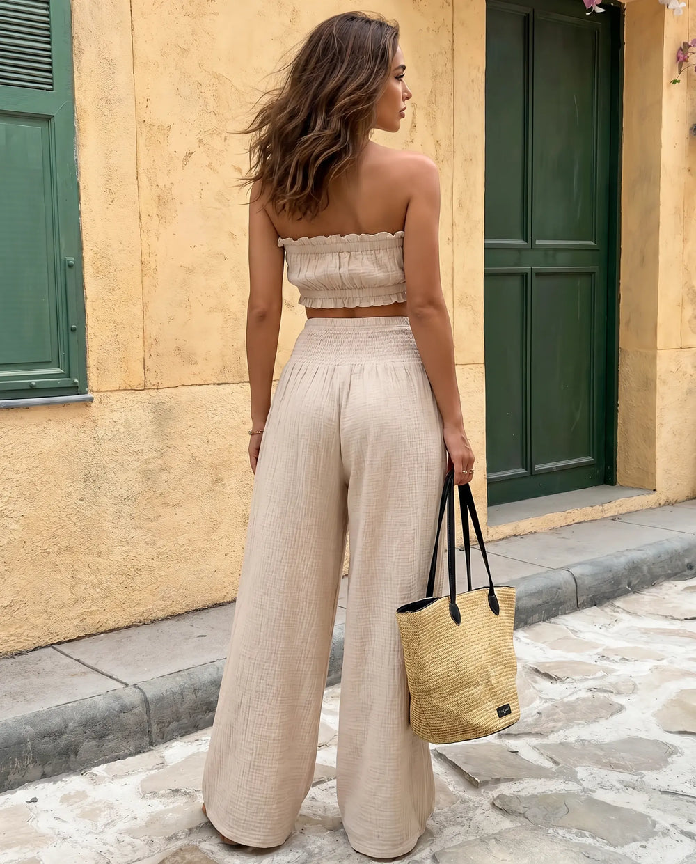 SOLACE  Beige Crinkle Strapless Two Piece Set 