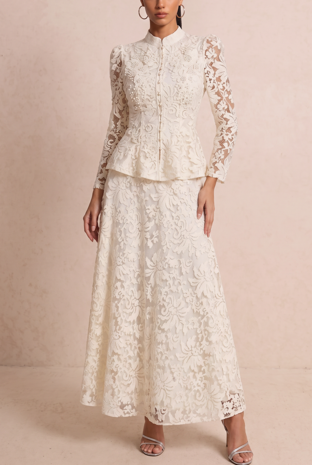 Beaded Lace Stand Collar Two Piece Maxi Skirt Set