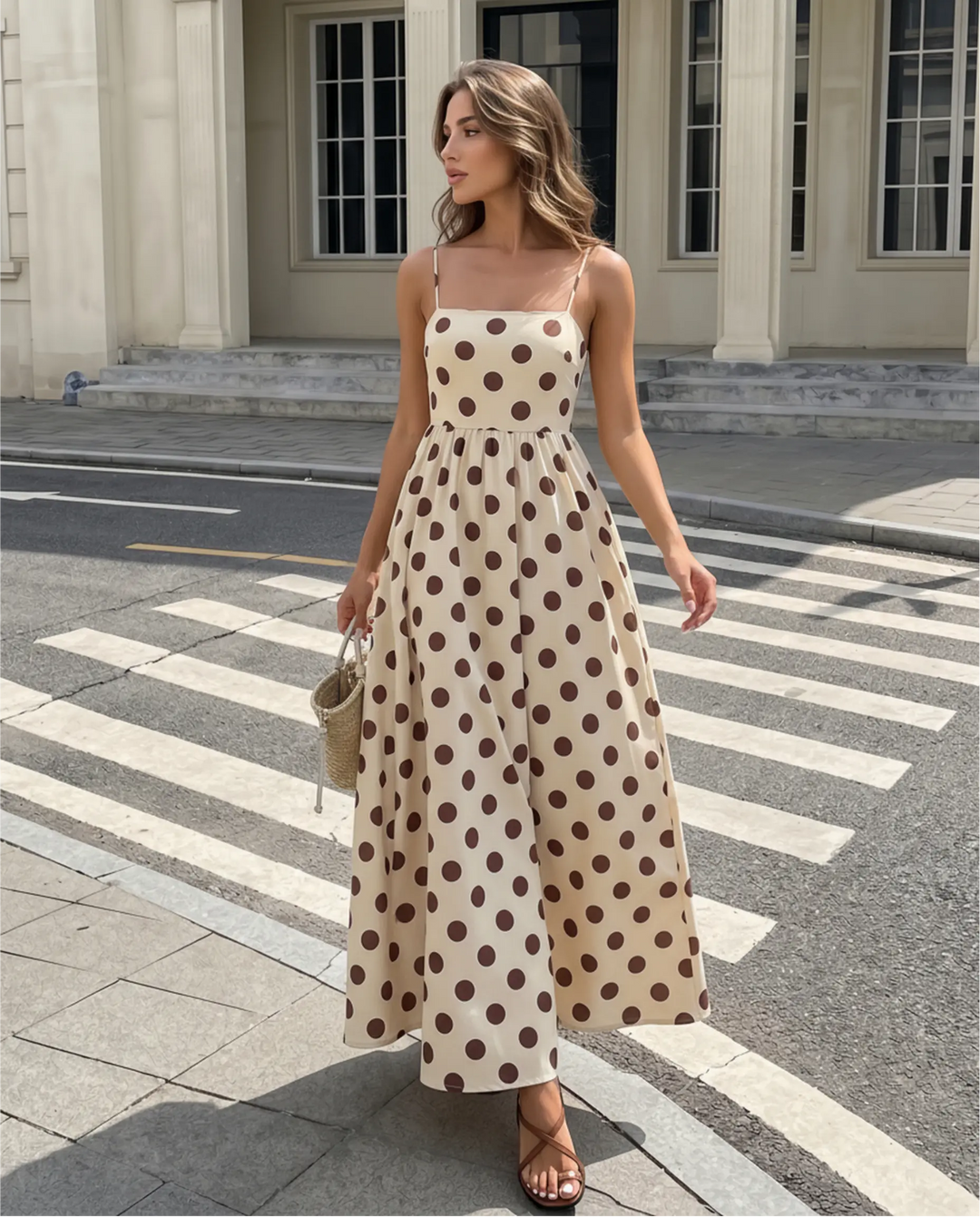 SOLACE  Beige Polka Dot Spaghetti Strap Maxi Dress 