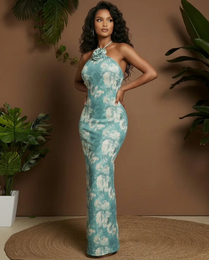 SOLACE  Dye Print Halter Neck 3D Flower Tie Mermaid Maxi Dress 