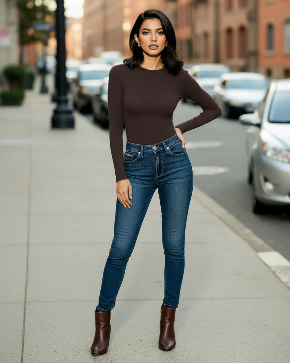 Simple Brown Crew Neck Fitted Top SOLACE