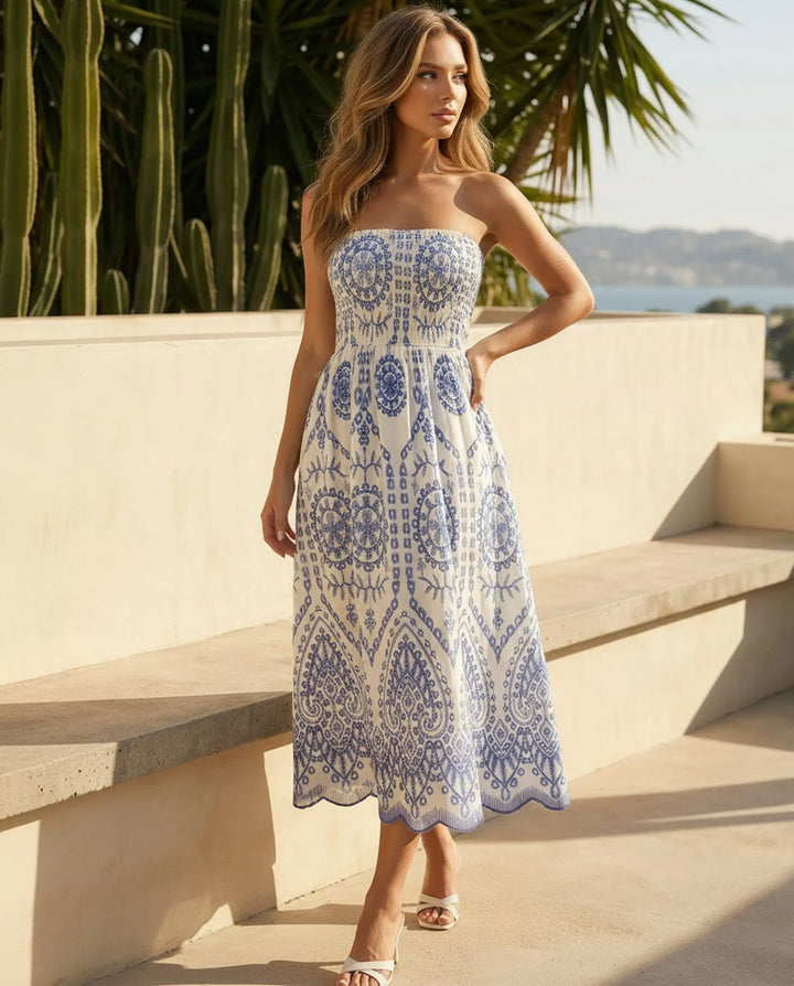 SOLACE  Blue Printed Strapless Smocked Waist Midi Dress 