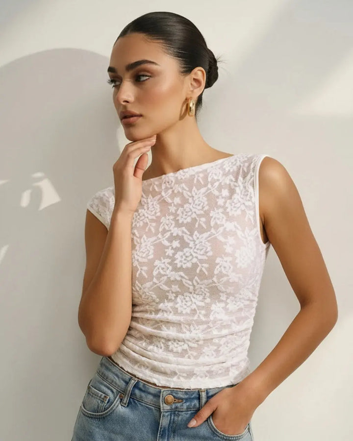 SOLACE  White Romantic One Shoulder Floral Lace Ruched Sheer Crop 