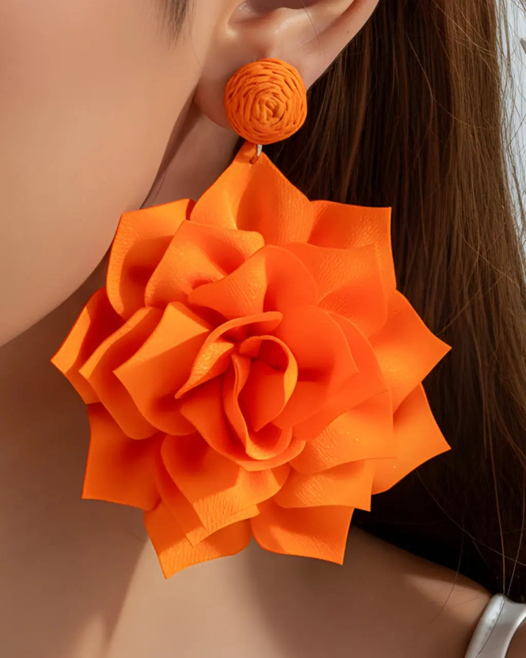 SOLACE  Orange Large Fabric Rose Statement Drop Earrings 