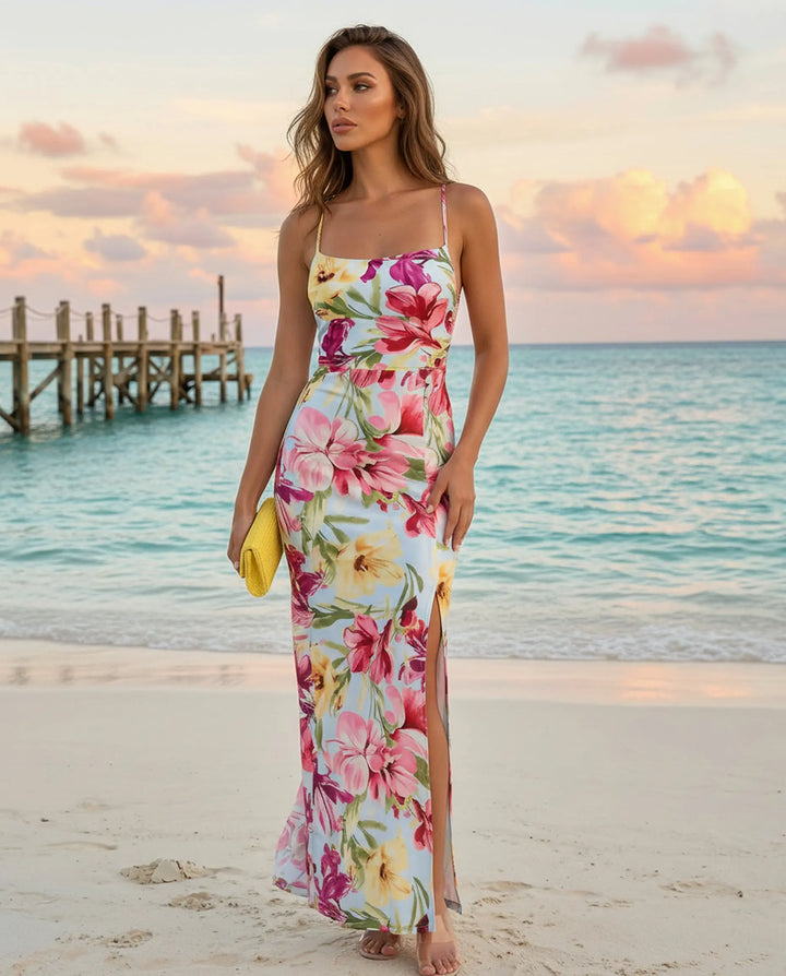 SOLACE  Floral Print Spaghetti Strap Slit Maxi Dress 