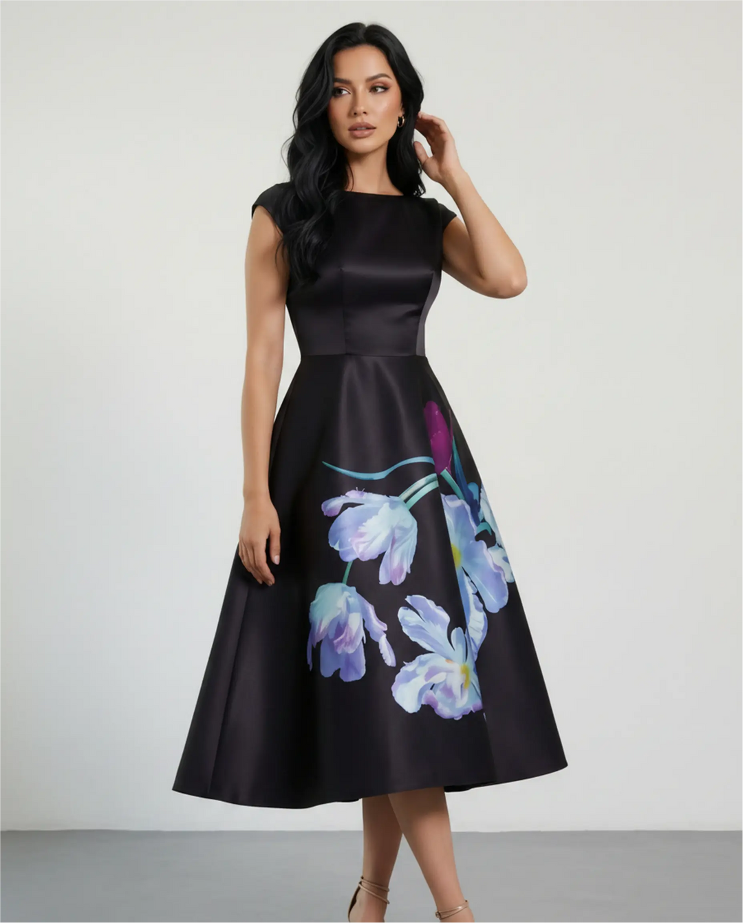 SOLACE  Black Floral Print Cap Sleeve Midi Dress 
