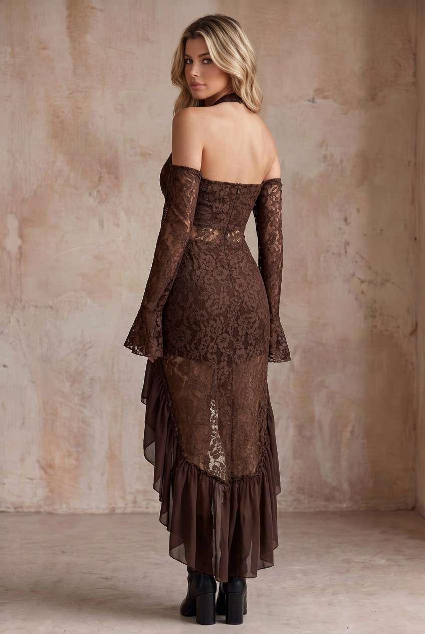 Brown Lace Bodycon Ruffled Hem Halter Mermaid Dress