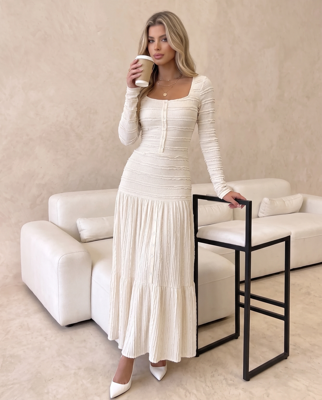 Textured Square Neck Long Sleeve Tiered Maxi Dress