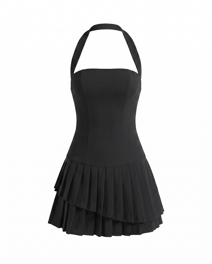 Black Halter Neck Corset Mini Dress With Layered Pleated Hem