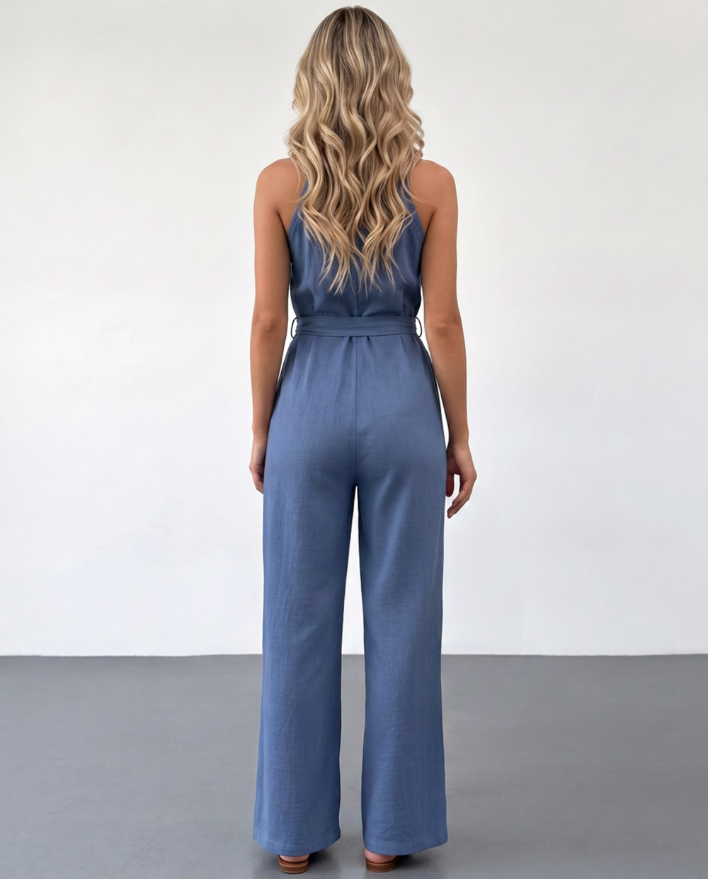 SOLACEBlue Casual Halter Bead Accent Belted Wide Leg Vacation Jumpsuit