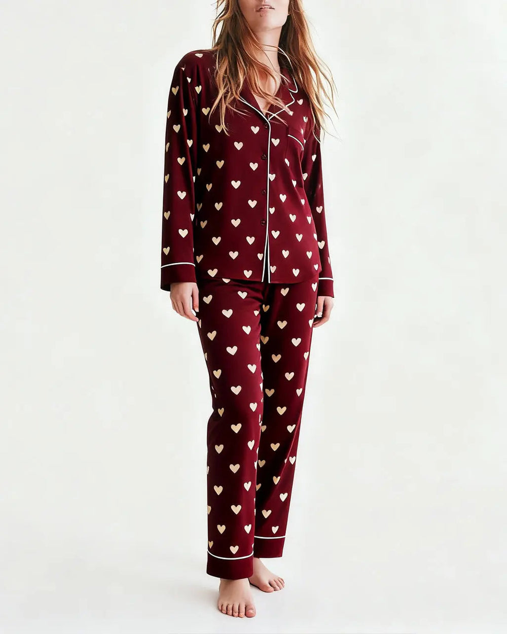 SOLACE CHICRed Soild Heart Print Pajama Set