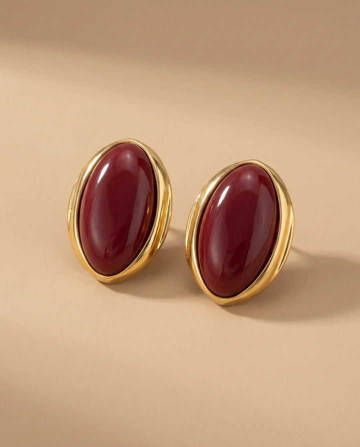 SOLACE  Gold Elongated Burgundy Cabochon Stud Earrings 