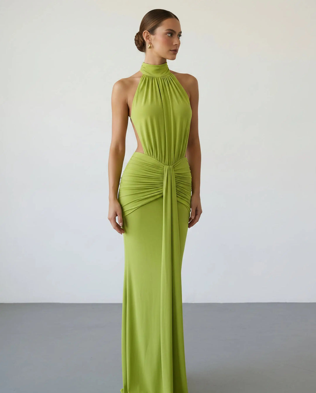 SOLACE  Green Halter Neck Ruched Open Back Maxi Dress 
