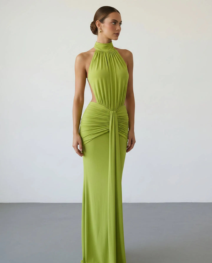 SOLACE  Green Halter Neck Ruched Open Back Maxi Dress 