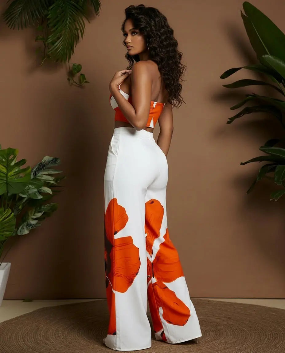 Floral Print One Shoulder Crop Top  Wide Leg Pants Set - SOLACE