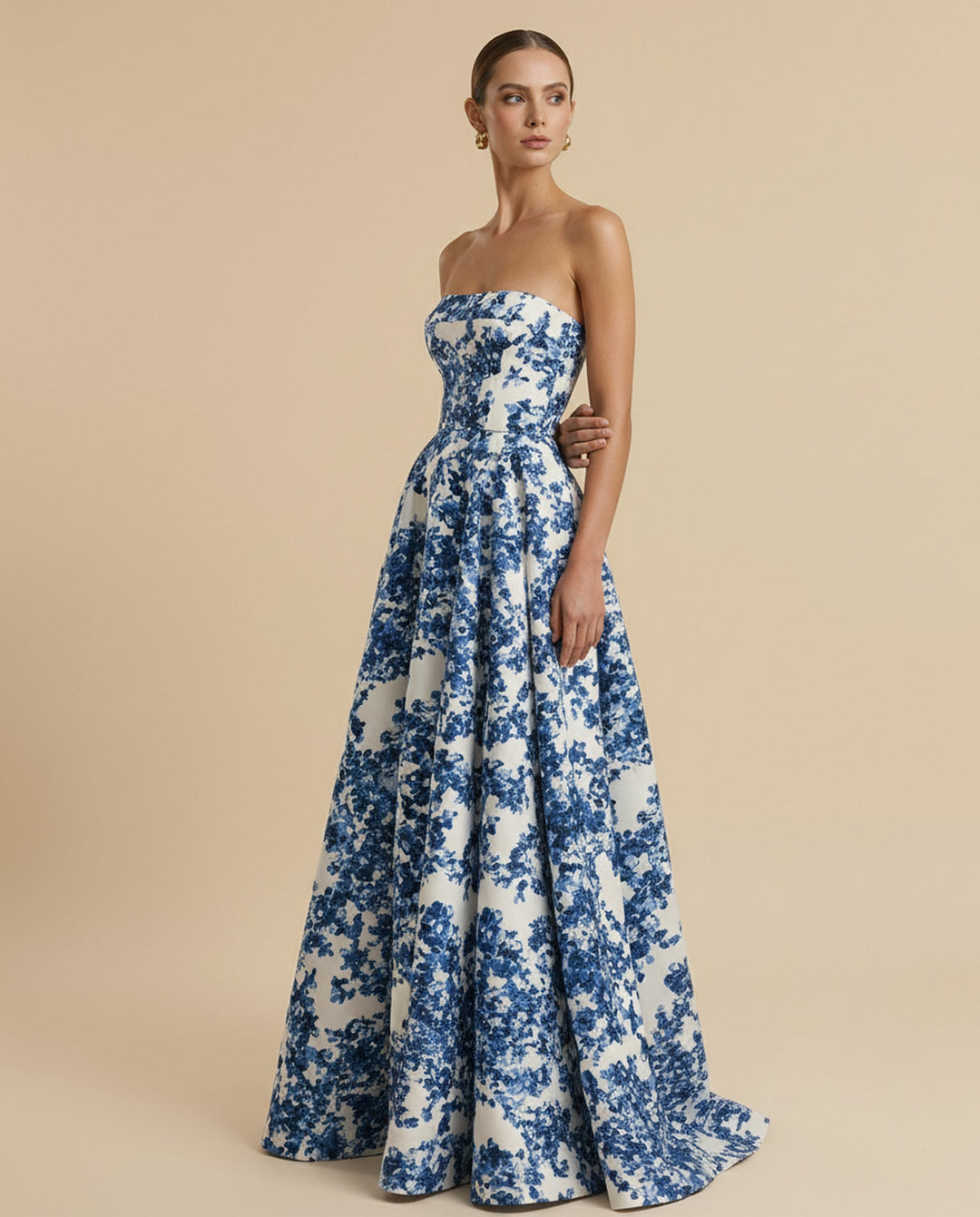 SOLACE  White Blue Floral Print Strapless Structured Bodice A-Line Maxi Dress 