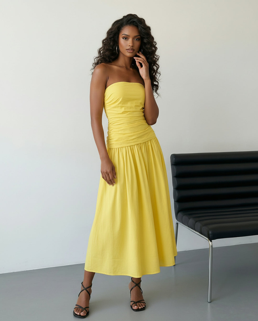 SOLACE  Yellow Strapless Sleeveless Ruched Waist A-Line Midi Dress 