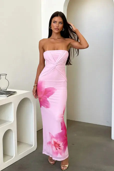SOLACE  Pink Floral Print Strapless Twisted Mesh Maxi Dress 