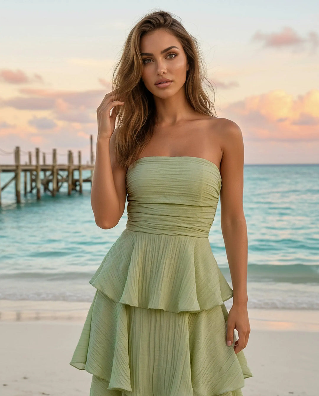 SOLACE  Sage Green Tiered Crinkled Fabric Slim Fit Maxi Dress 