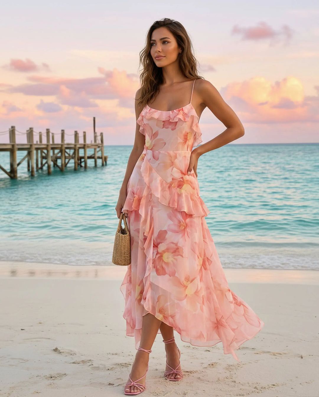 SOLACE  Pink Watercolor Floral Print Tiered Ruffle Chiffon Maxi Dress 