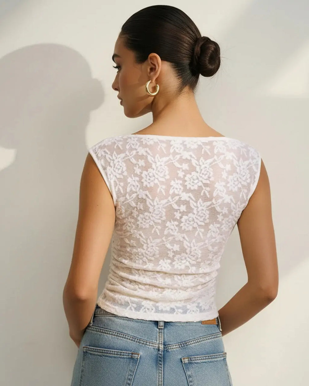 SOLACE  White Romantic One Shoulder Floral Lace Ruched Sheer Crop 