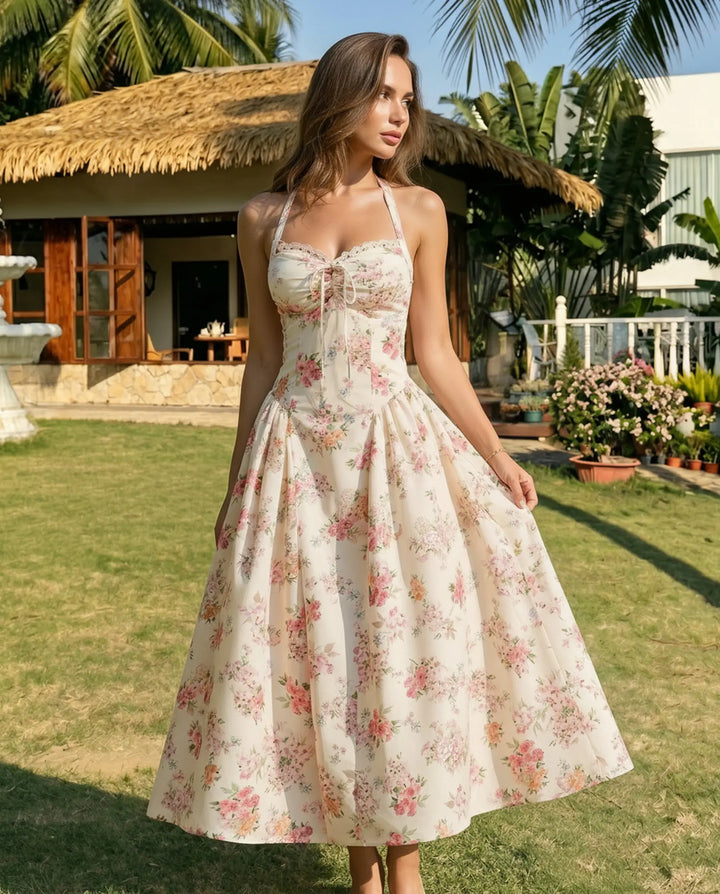 SOLACE  Cream Floral Halter Neck Lace Trim Midi Dress 