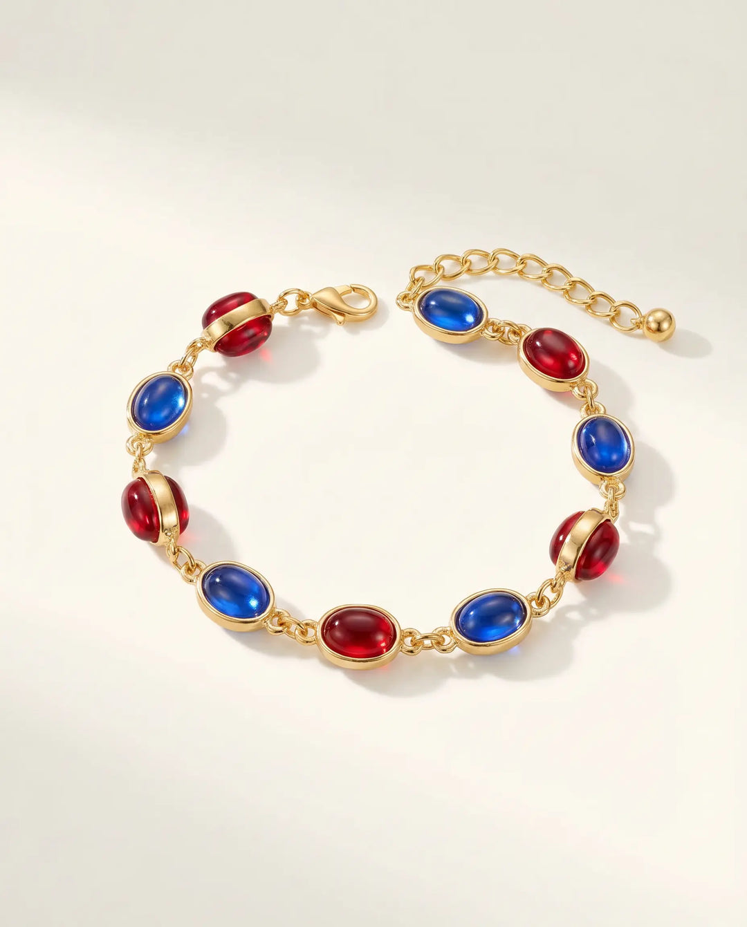 SOLACE  Gold Tone Alternating Red Blue Cabochon Alloy Bracelet 