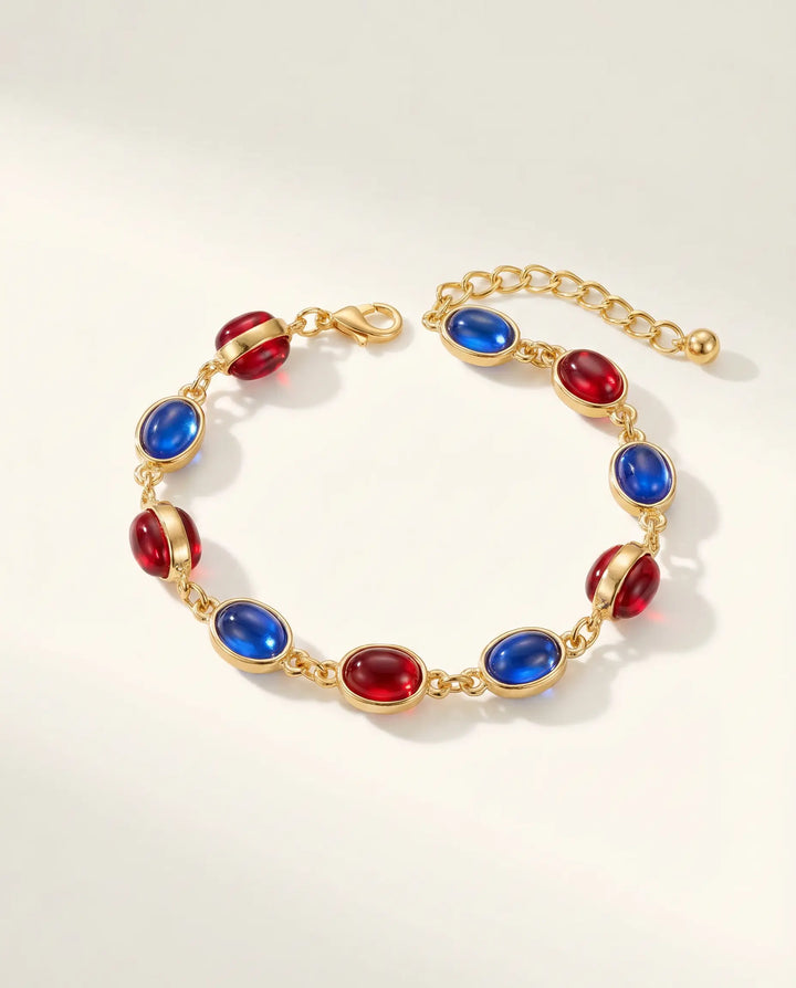 SOLACE  Gold Tone Alternating Red Blue Cabochon Alloy Bracelet 