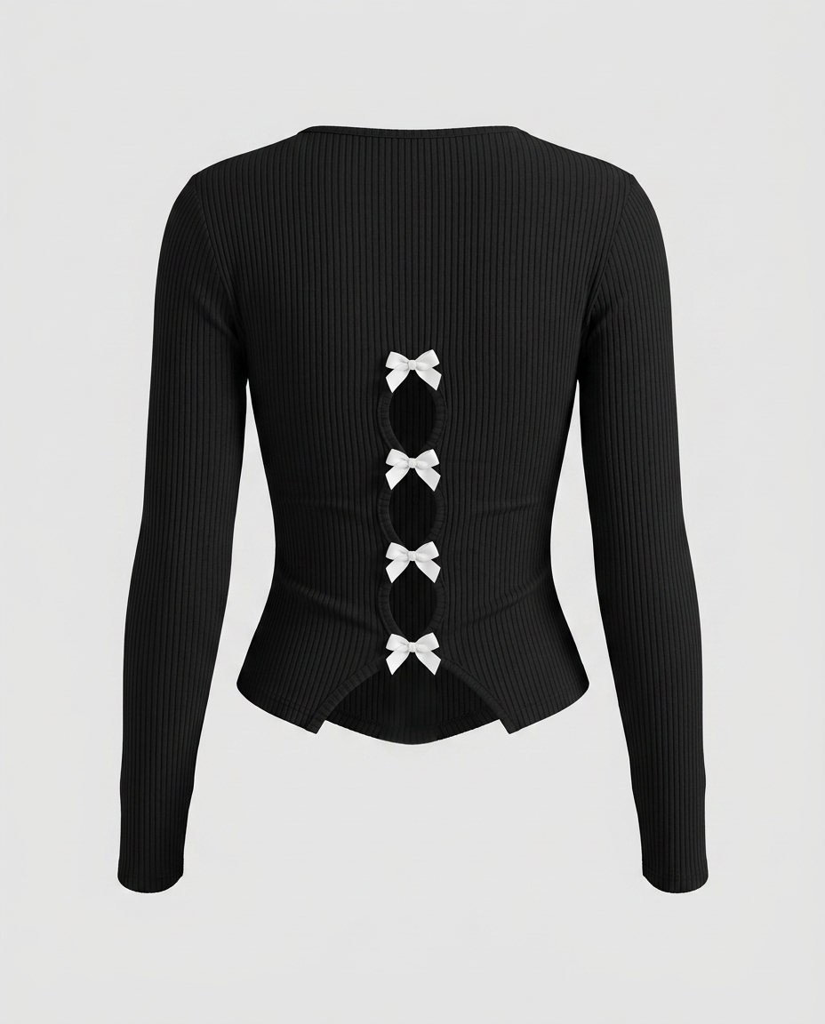 Round Neck Slim Fit Back Cutout Bow Decor Top