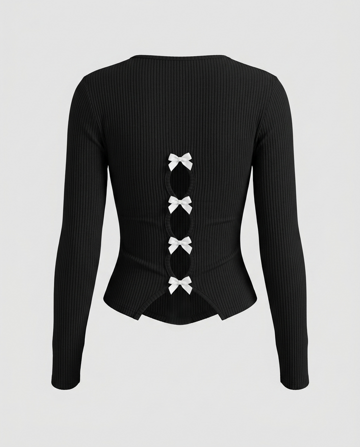 Round Neck Slim Fit Back Cutout Bow Decor Top