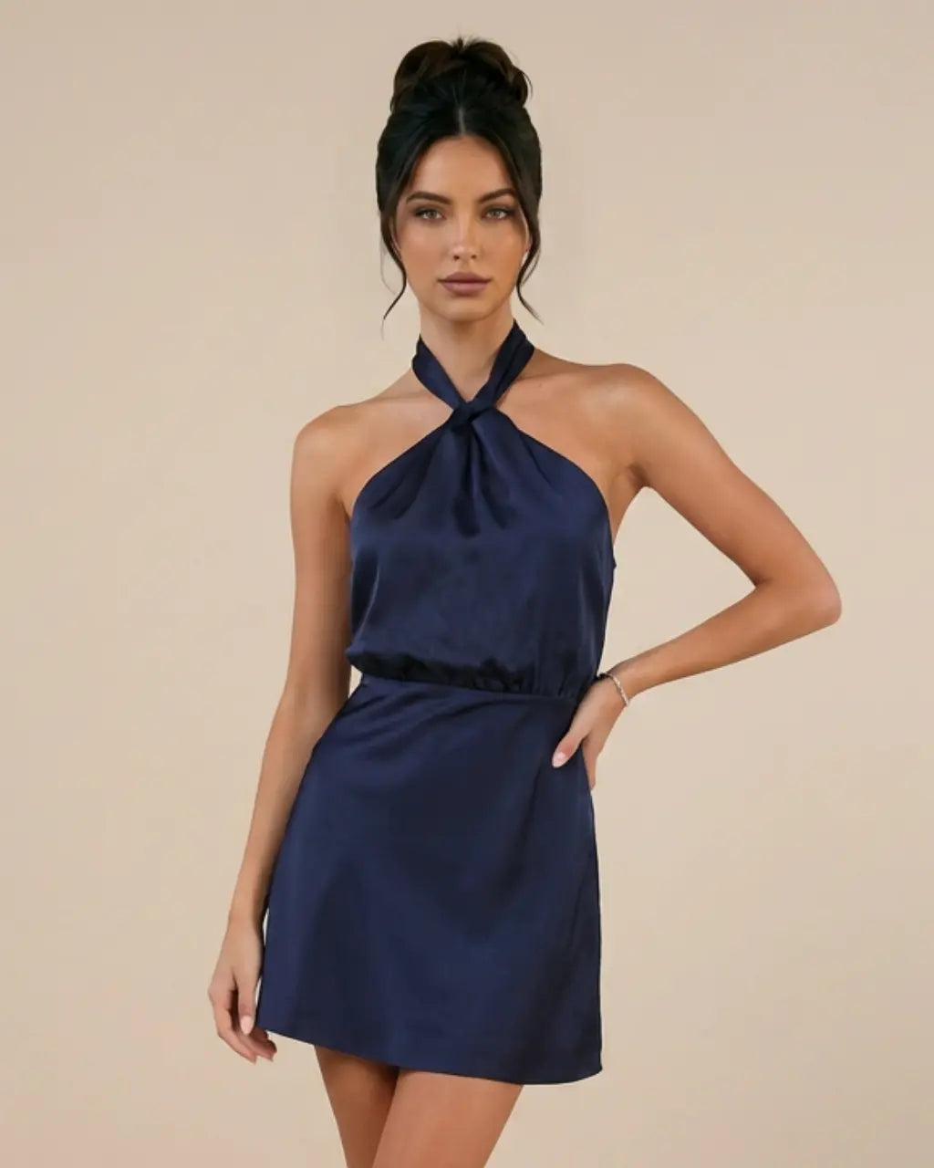 SOLACE  Navy Blue Satin Halter Neck Slim Fit Mini Dress 