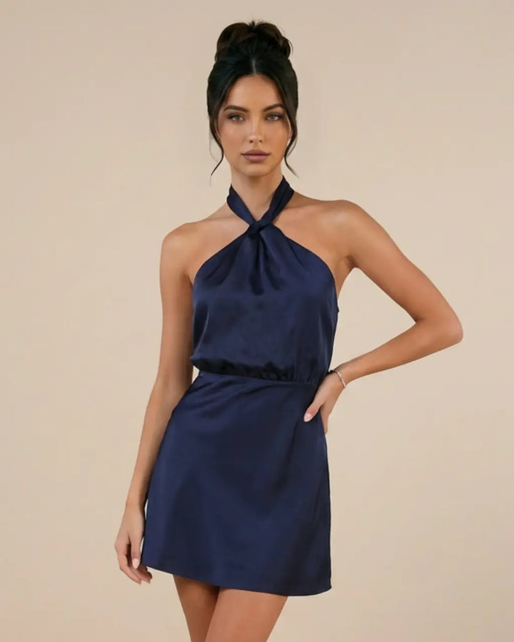 SOLACE  Navy Blue Satin Halter Neck Slim Fit Mini Dress 