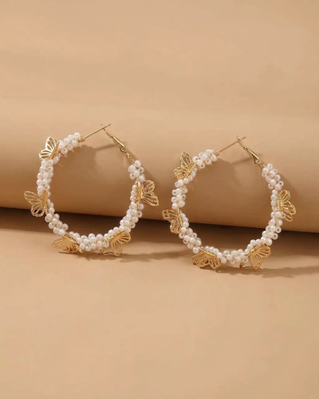 SOLACE  Gold Pearl Butterfly Hoop Earrings 
