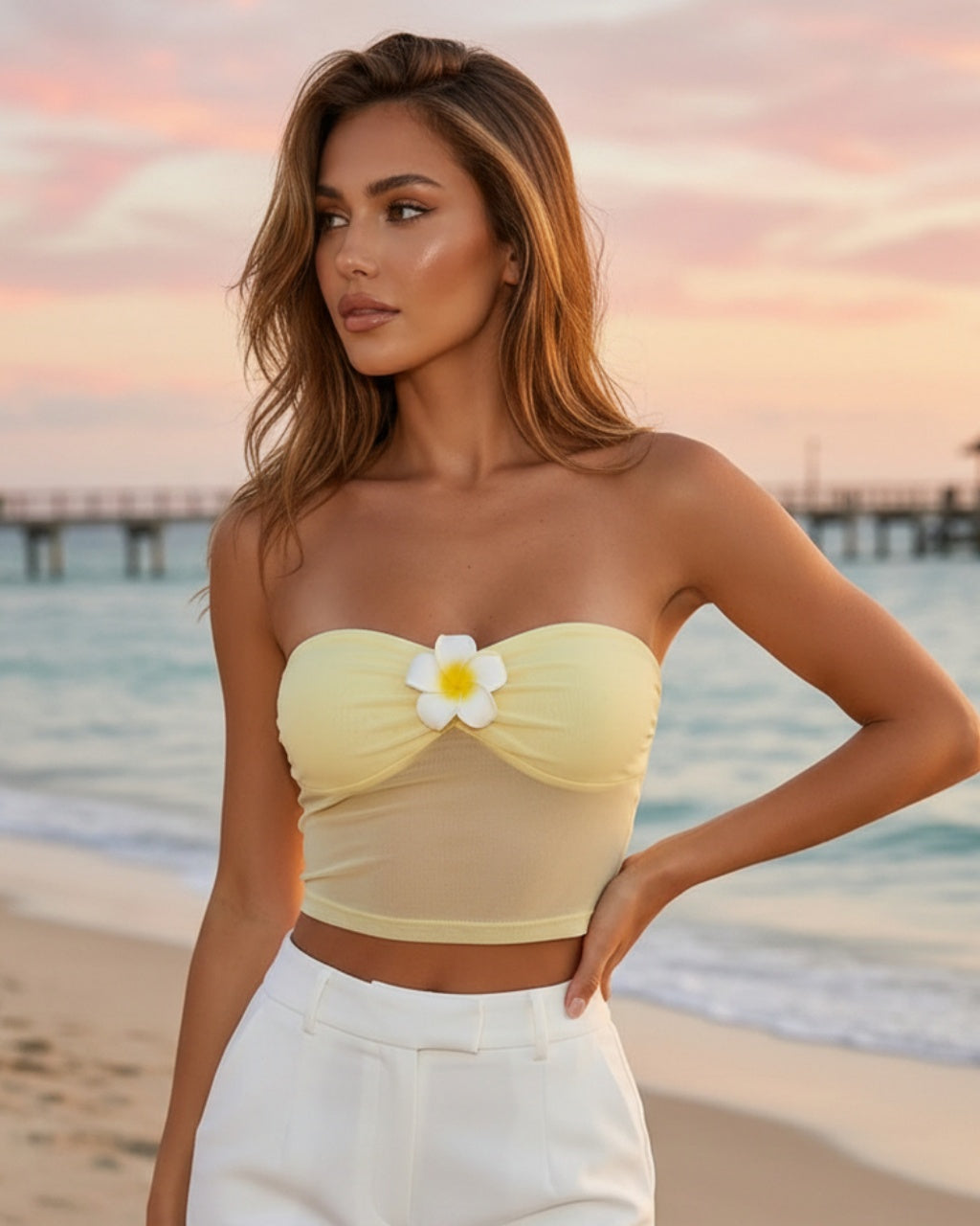 Yellow Floral Embellished Sheer Mesh Slim Fit Crop Tube Top