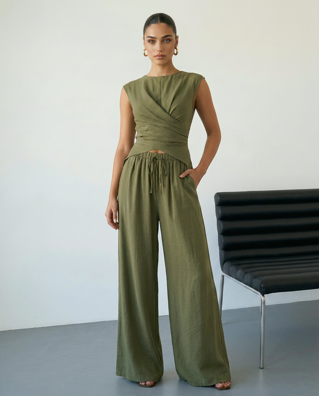 SOLACEArmy Green Sleeveless Wrap Top Wide Leg Pants Set