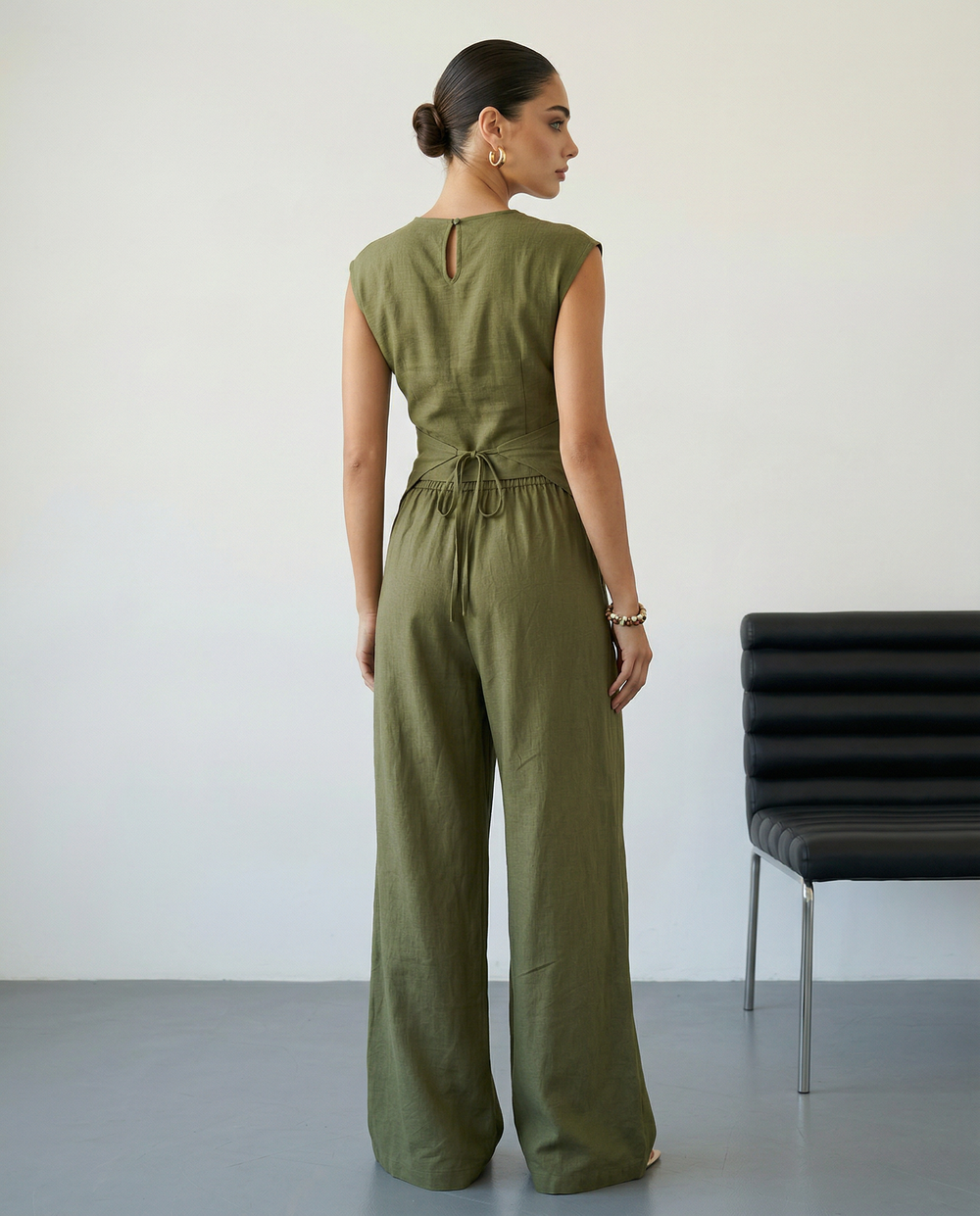 SOLACEArmy Green Sleeveless Wrap Top Wide Leg Pants Set